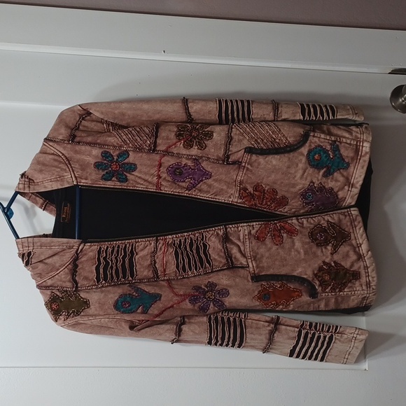 Rising International Boho Hoodie Jacket Coat Brown w Teal Purple Orange Cutouts - Picture 5 of 12